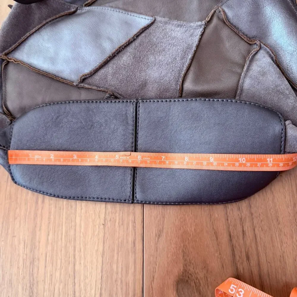Lucky Brand Leather Suede Patch Silver Pewter Bronze Brown Shoulder Bag Hobo